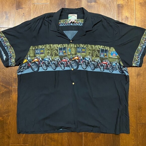Paradise Found Hawaii Hawaiian Motorcycle Print Rayon Shirt Men's Size 4XL - Picture 3 of 9